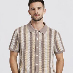 Massive Luxury Men’s Striped Knit Button Up Shirt Crochet Short Sleeve XL